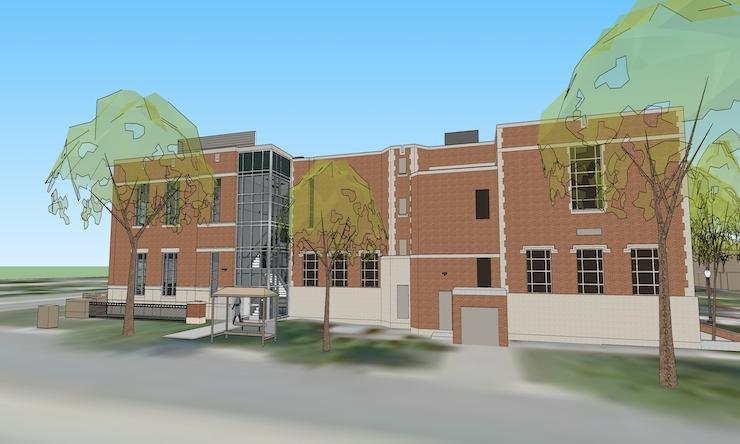 an up close view of a 3d rendering of the finished mcmullen hall remodel